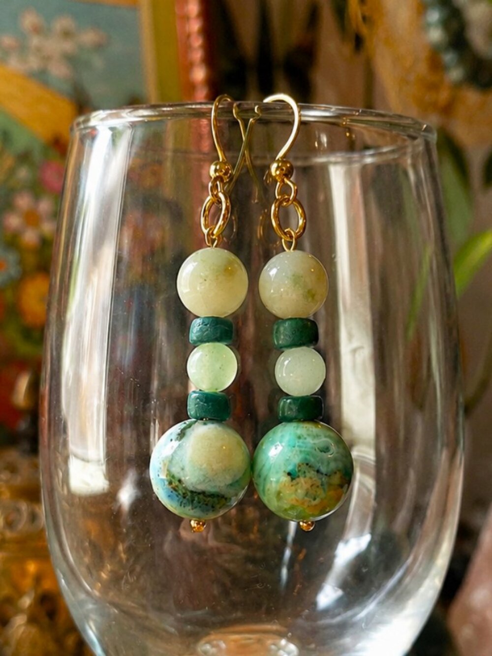 Green Jasper & Vintage Wood Earrings, Artsy Hippie Dangles